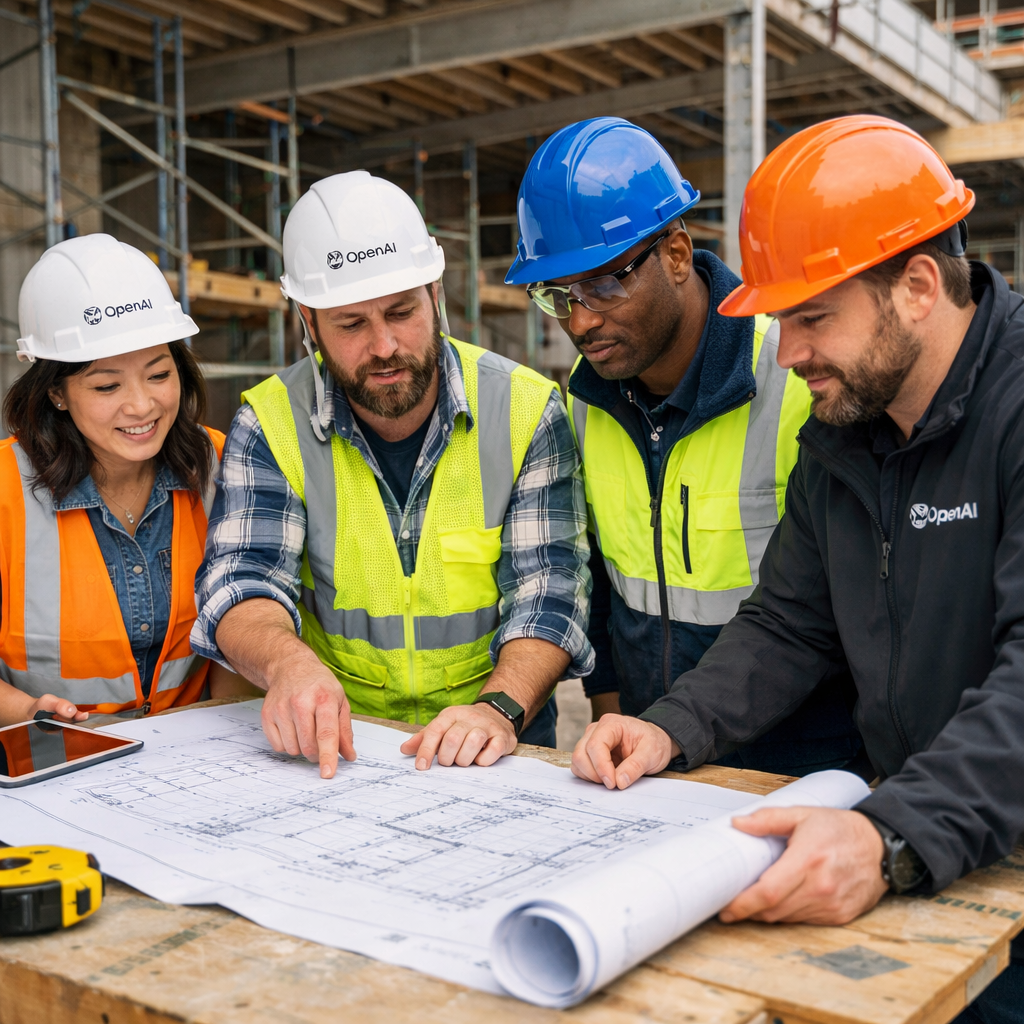 Team Reviewing Blueprints Job Site
